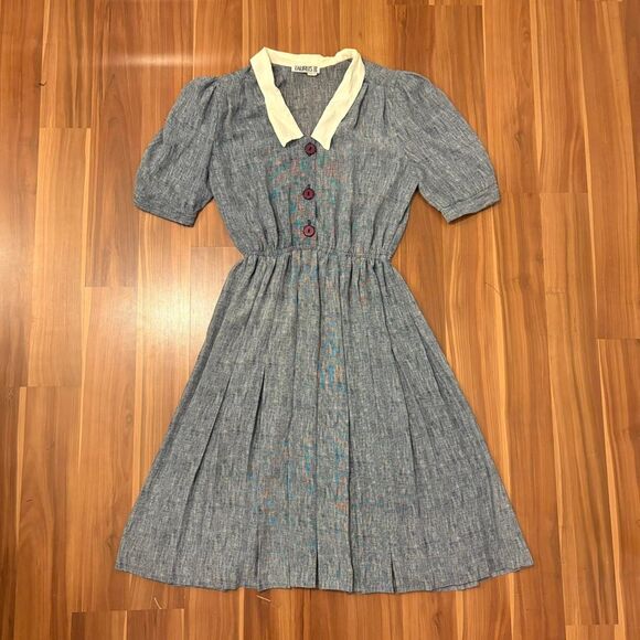 80s sailor summer autumn blue peter pan dress with buttons and cute white collar - Picture 1 of 8